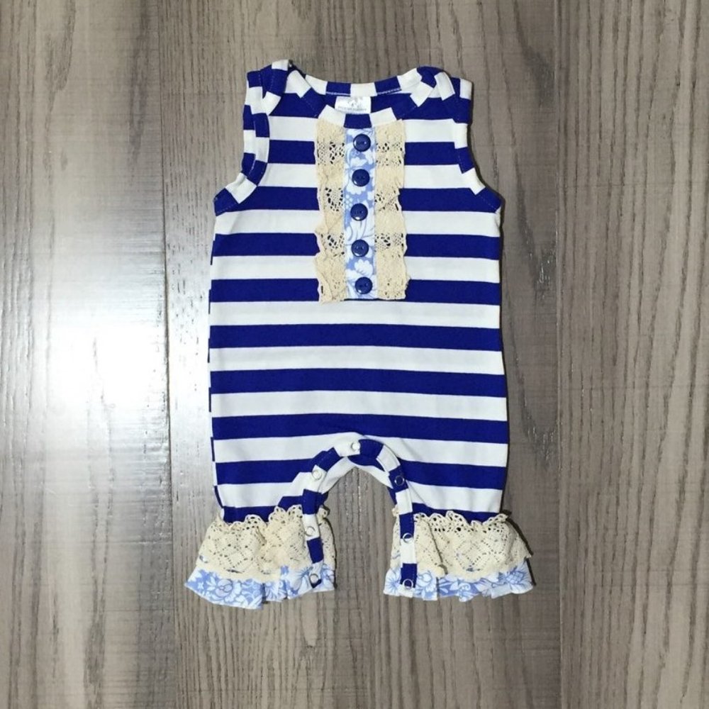 Boutique Baby Girls Blue Striped Ruffle Romper Jumpsuit